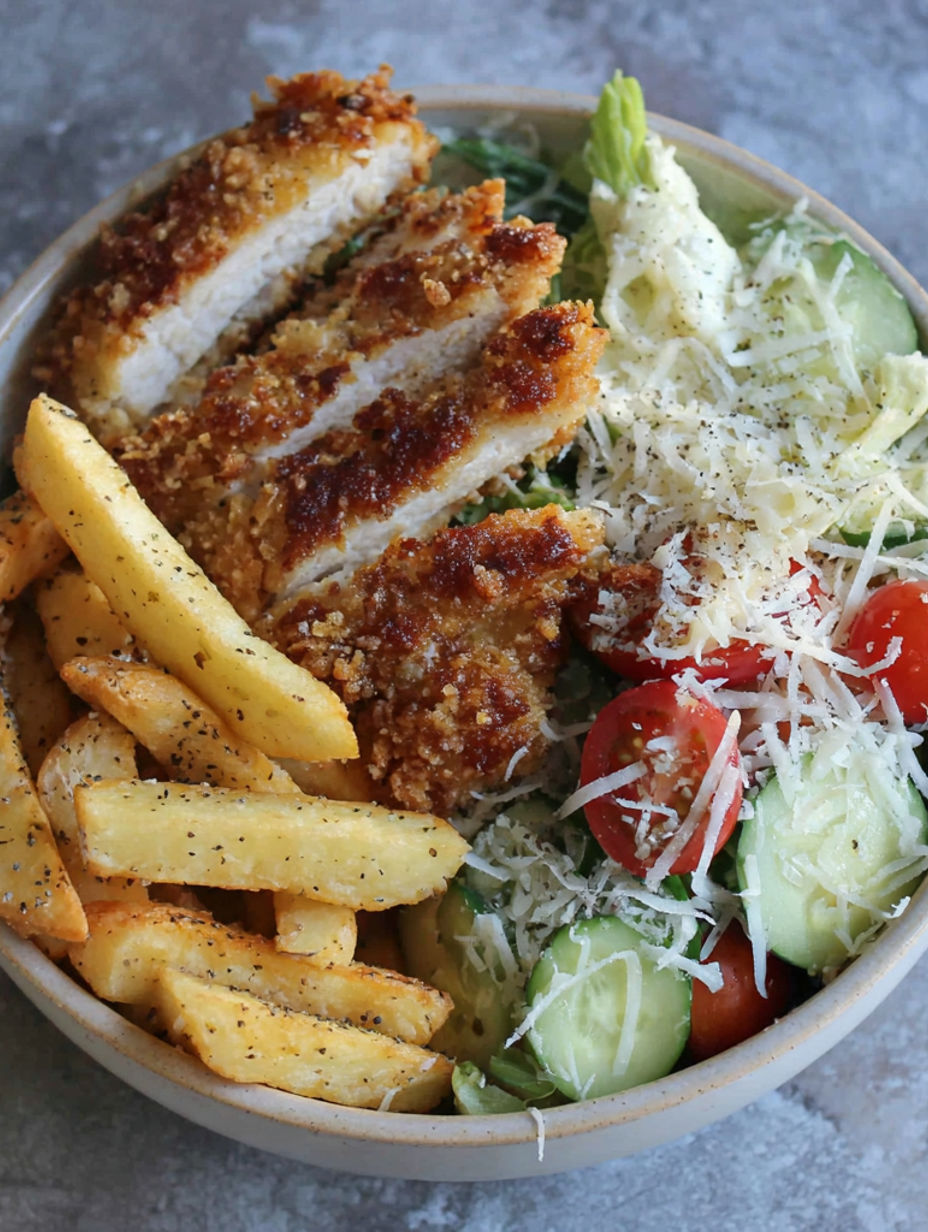 A bowl of food with chicken, fries, and salad.