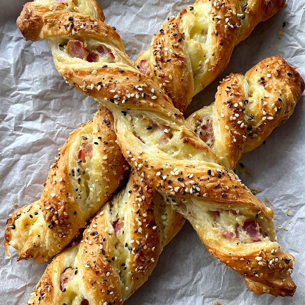 Four pieces of bread with cheese and ham.