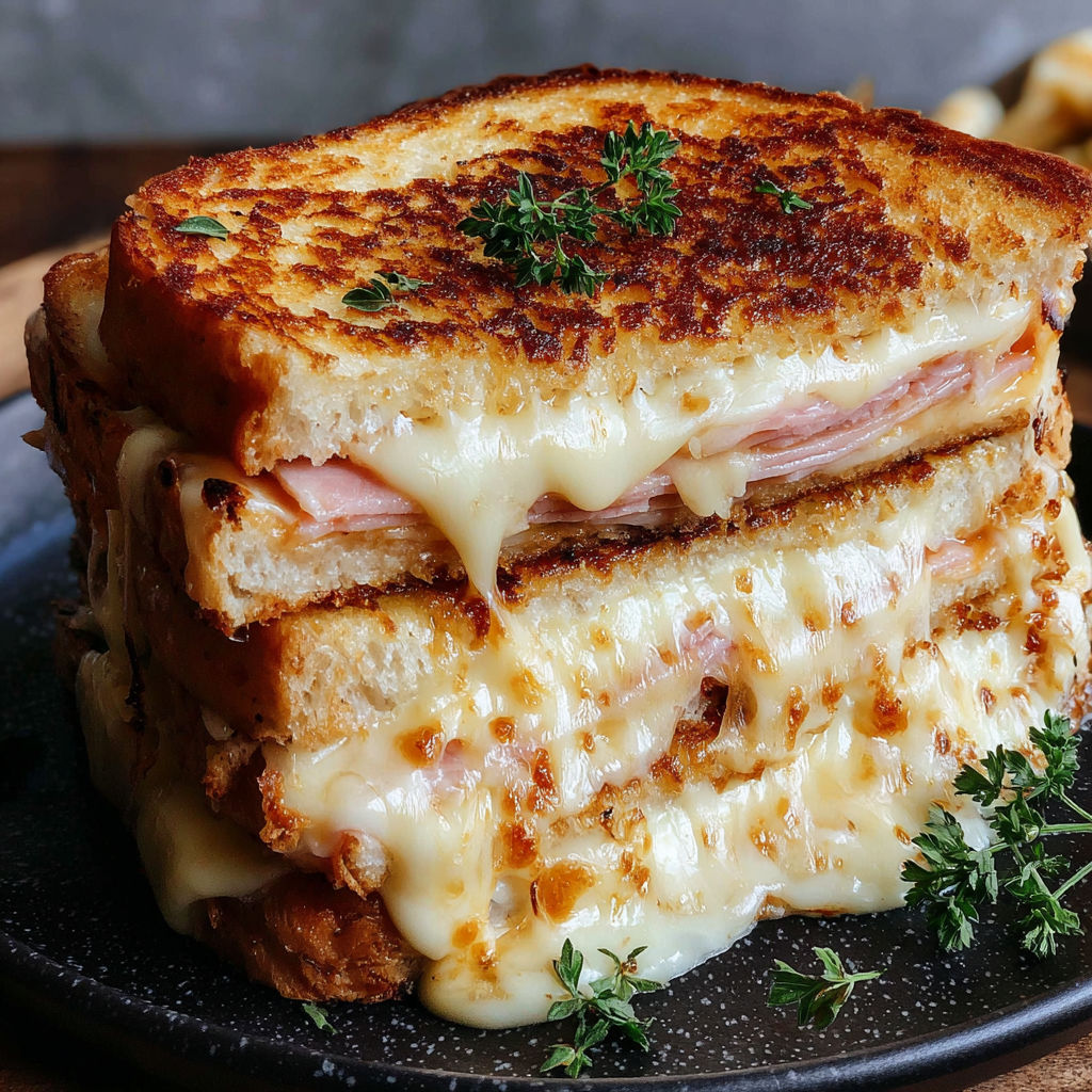 A croque monsieur sandwich with cheese and herbs.