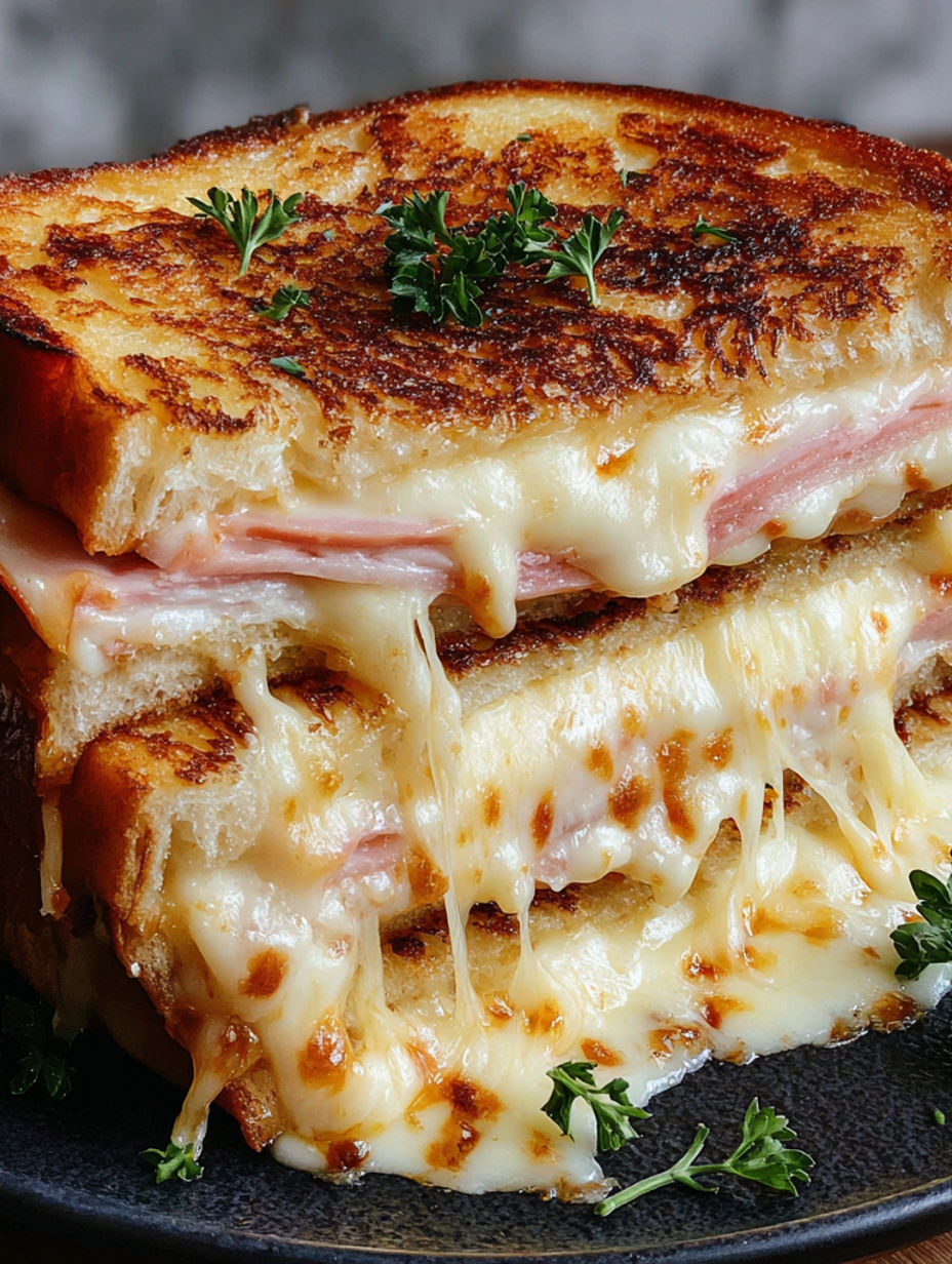 A close up of a croque monsieur sandwich.