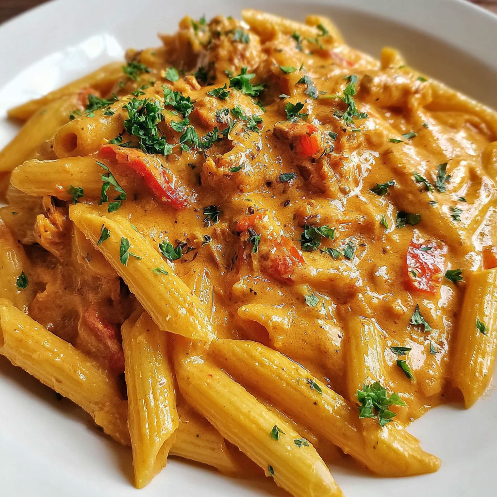 A plate of pasta with a creamy sauce.