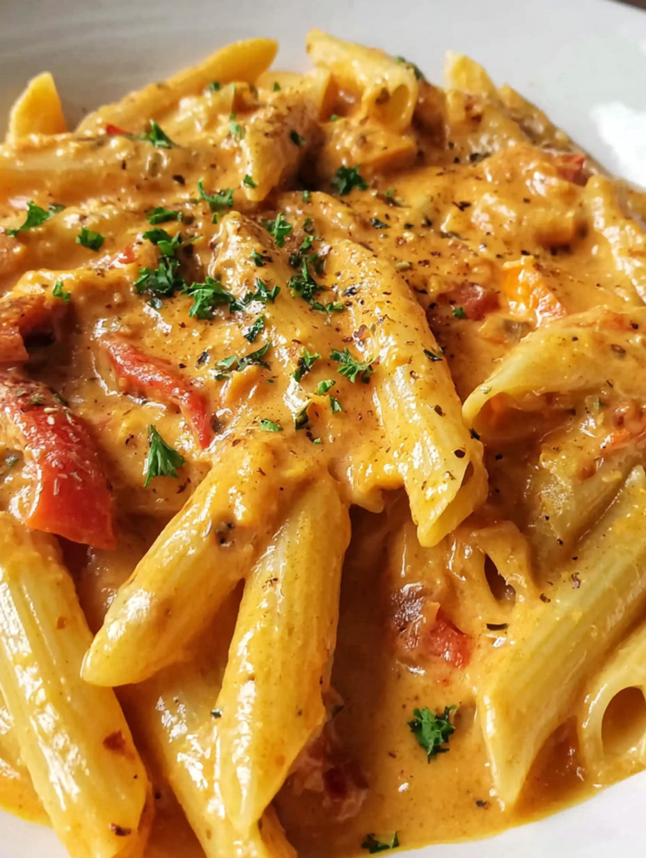 A plate of pasta with a creamy tomato sauce.