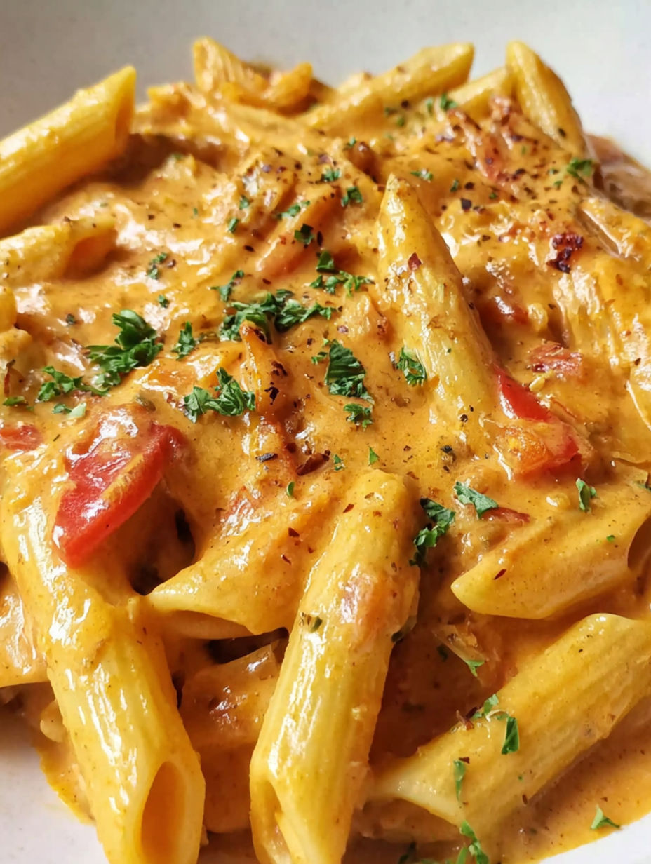 A plate of pasta with a creamy sauce.