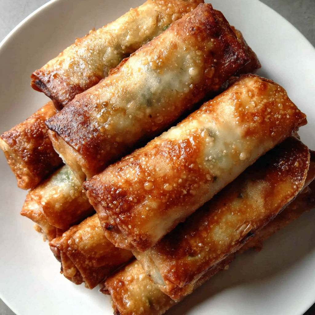 A plate of food with the words "Knusprige Hähnchen-Frühlingsrollen in 15 Minuten perfekt aus der Heißluftfritteuse" written underneath.