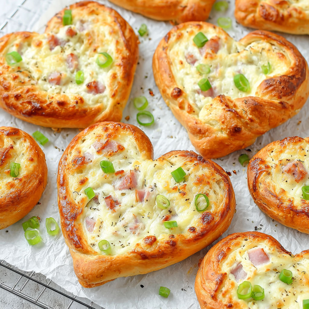 A plate of heart shaped pastries with cheese and ham.