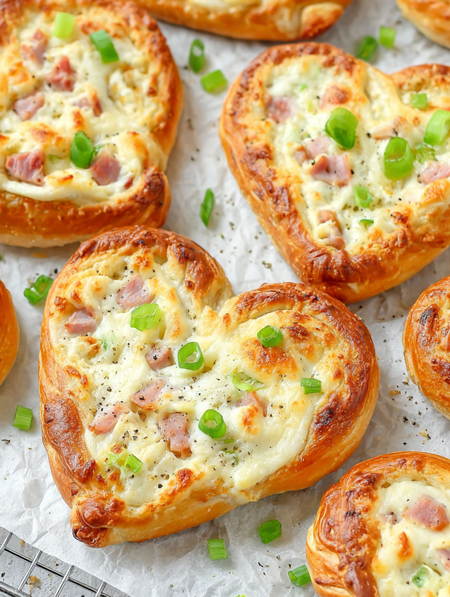 A close up of a heart shaped pastry with cheese and ham.