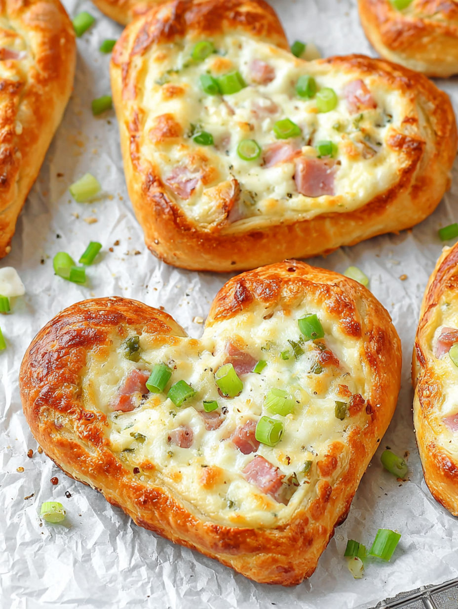 A heart shaped pastry with cheese and ham.