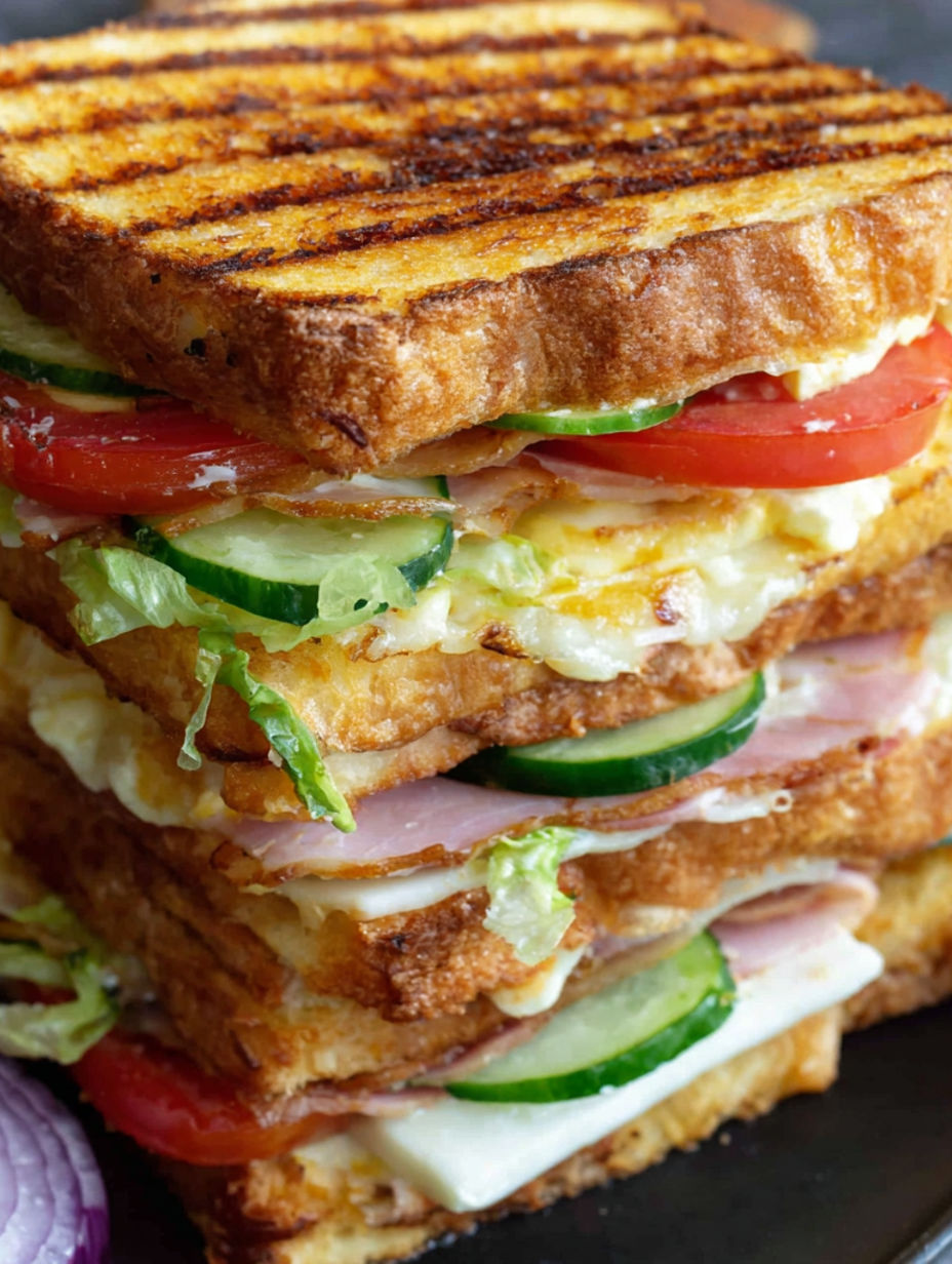 A stack of sandwiches with lettuce, tomato, and ham.