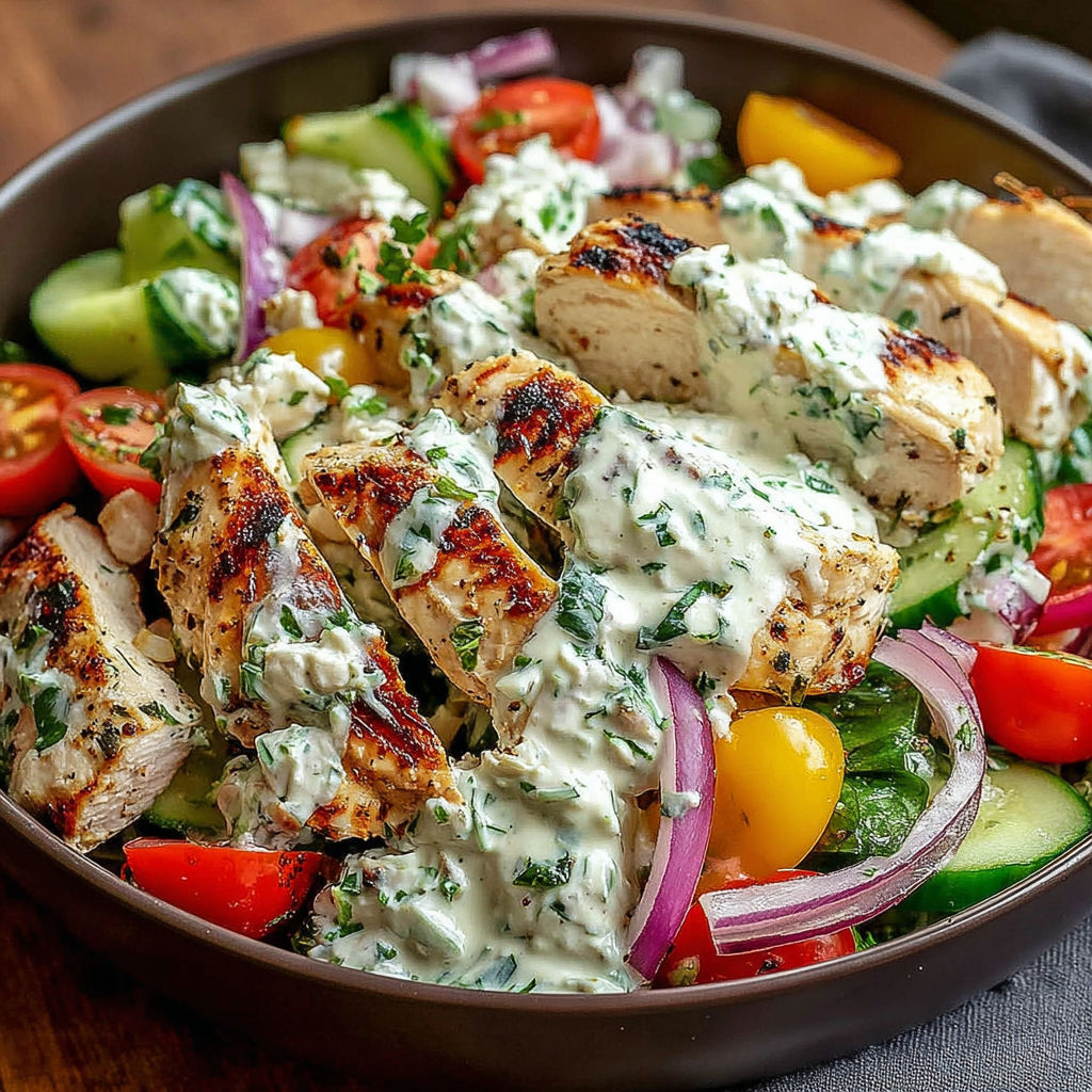 A bowl of chicken salad with tomatoes, cucumbers, and onions.