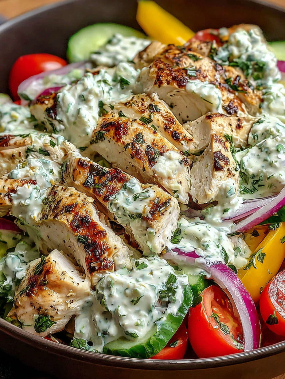 A bowl of chicken salad with tomatoes, cucumbers, and onions.