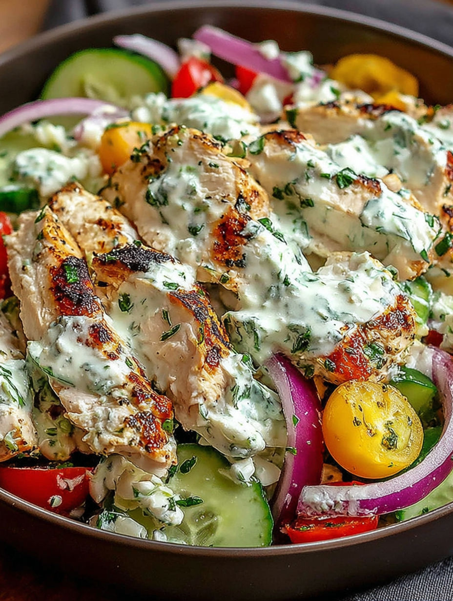 A plate of chicken with a tzatziki sauce.