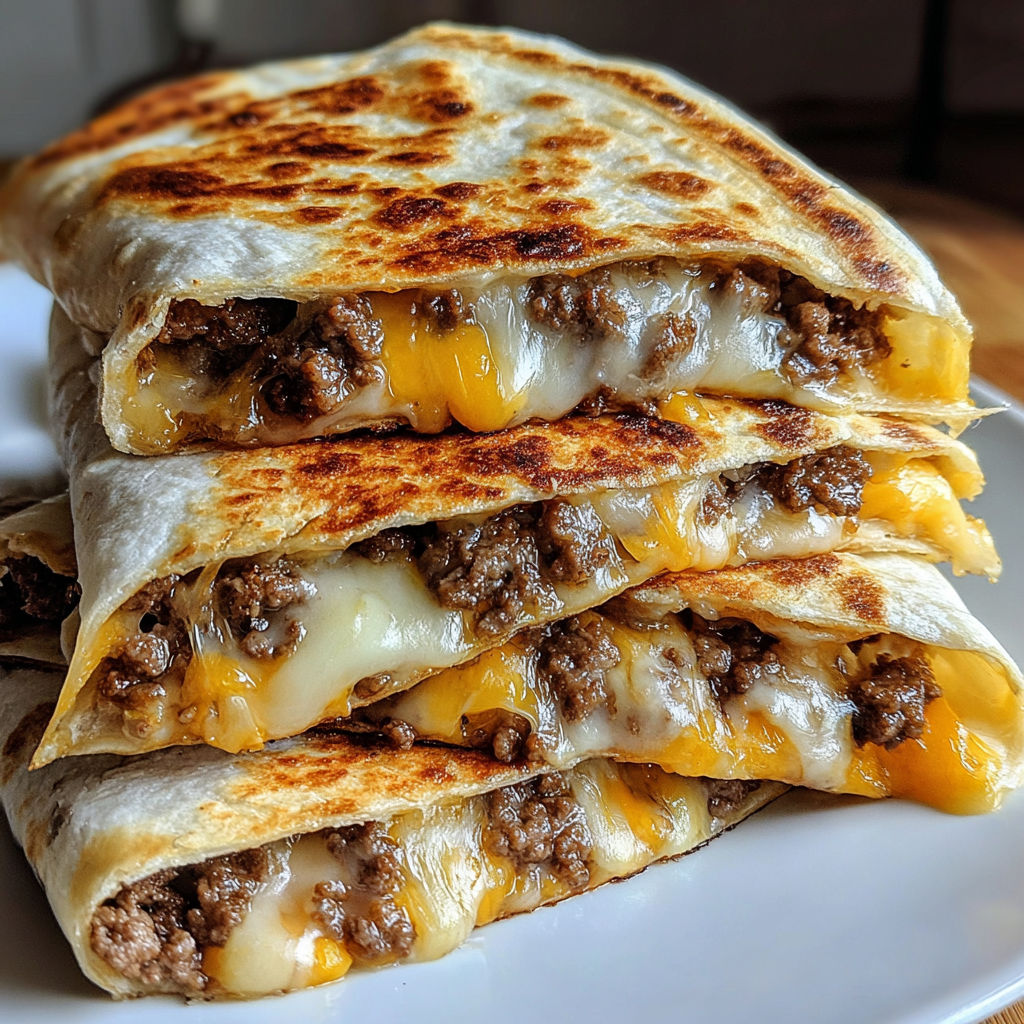 A stack of cheeseburger quesadillas on a plate.