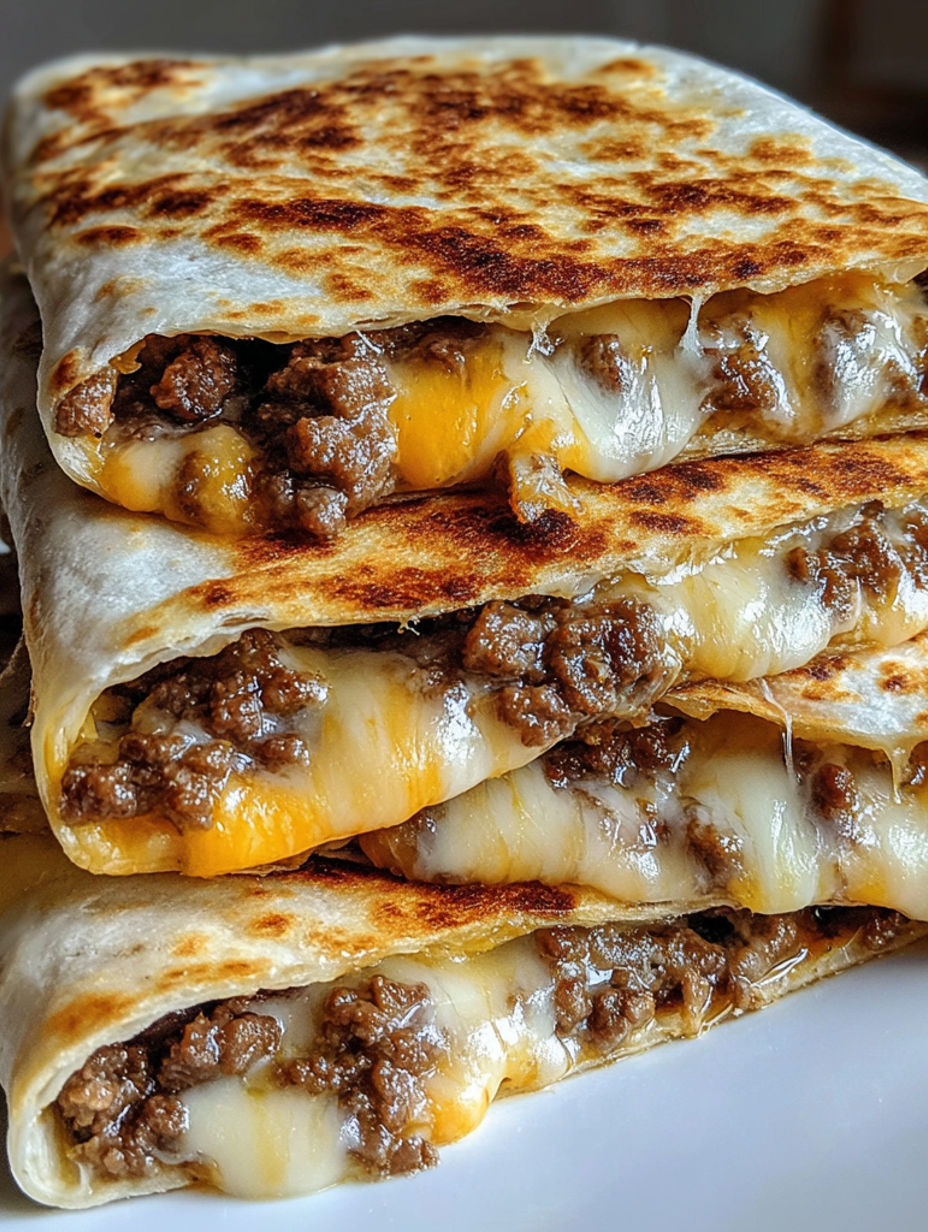 A stack of burritos with meat and cheese.
