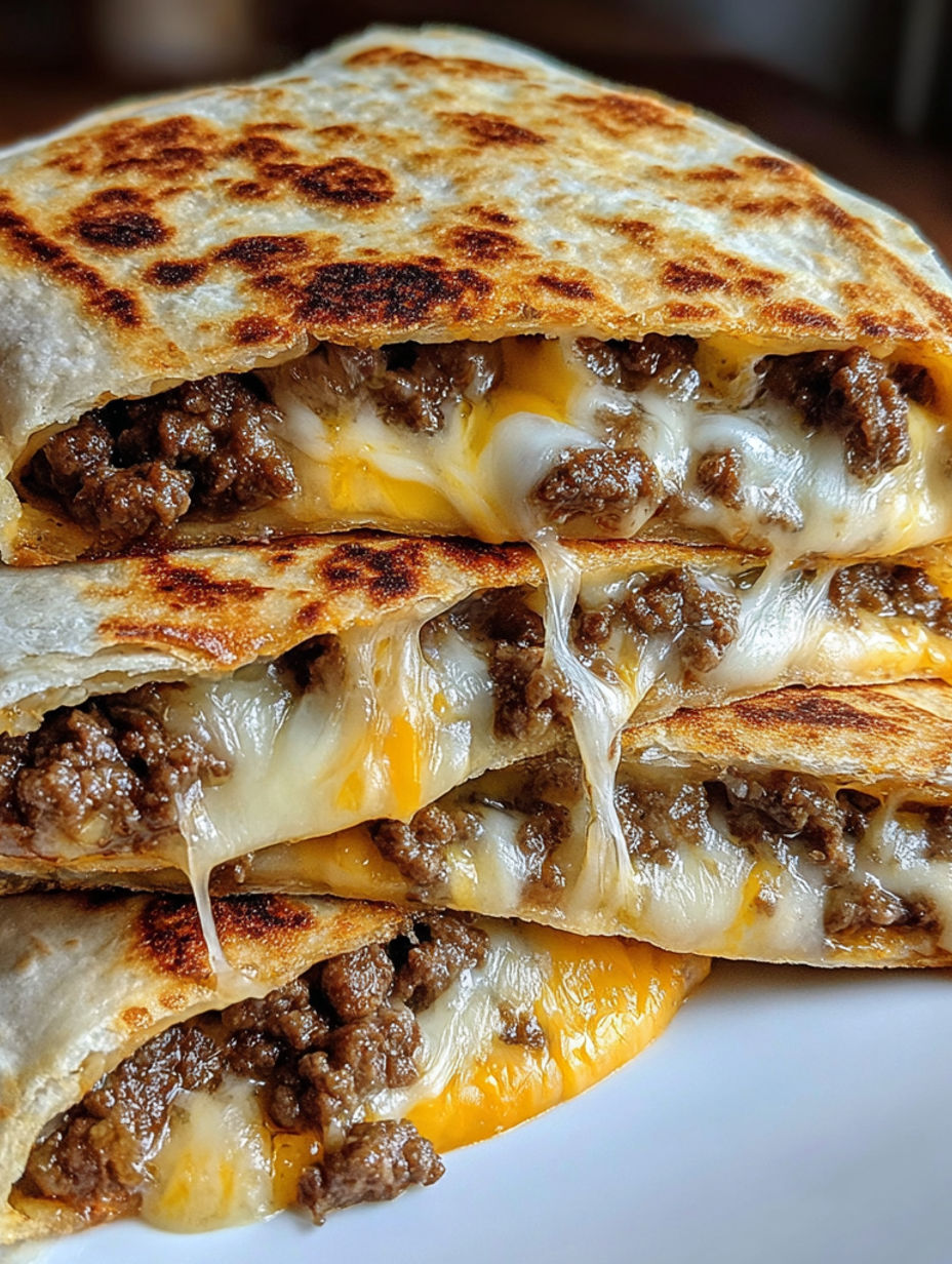 A stack of burritos with cheese and meat.