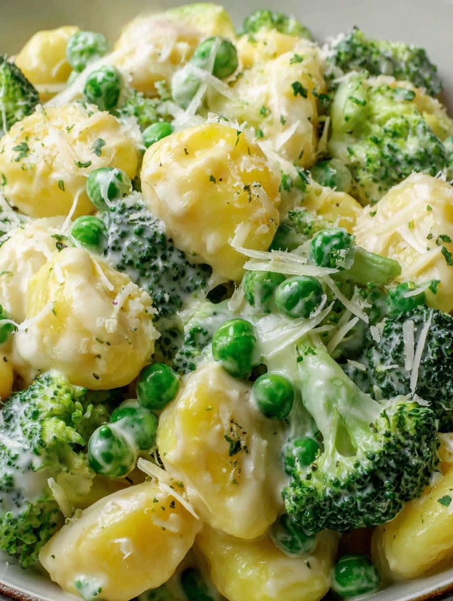 A dish of food with broccoli and potatoes.