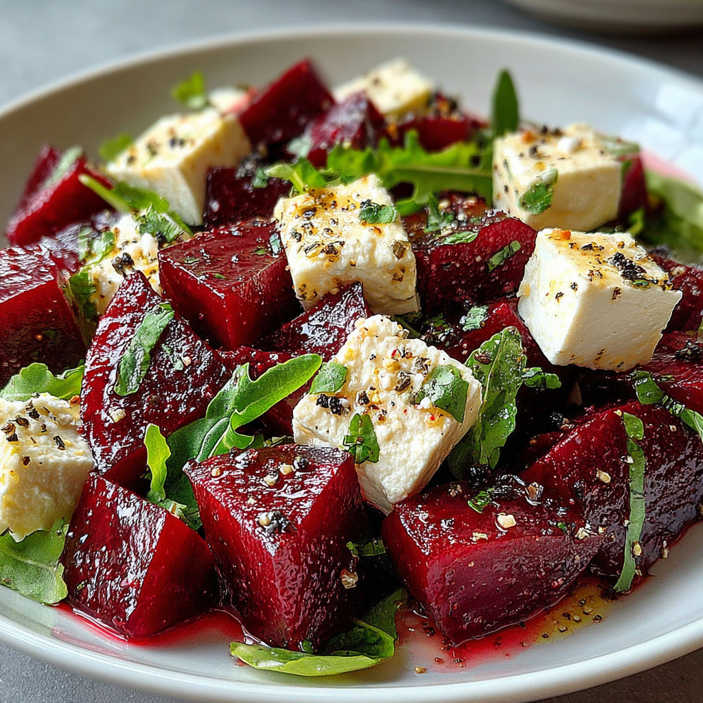 A plate of food with red beets and cheese.