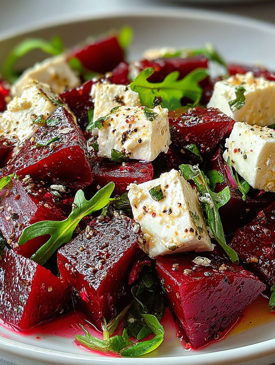 A plate of red beets with cheese and herbs.