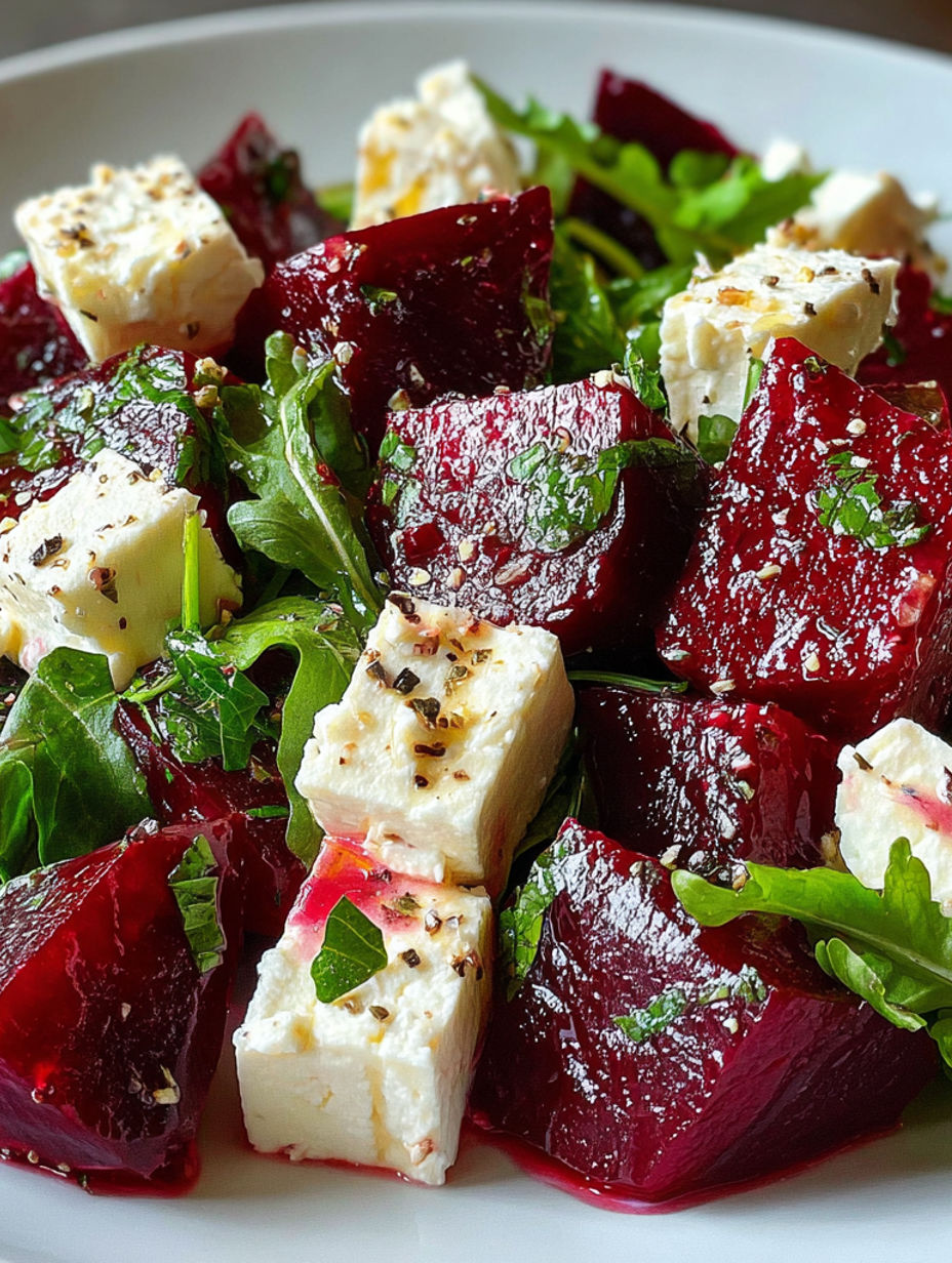 A plate of food with red beets and cheese.