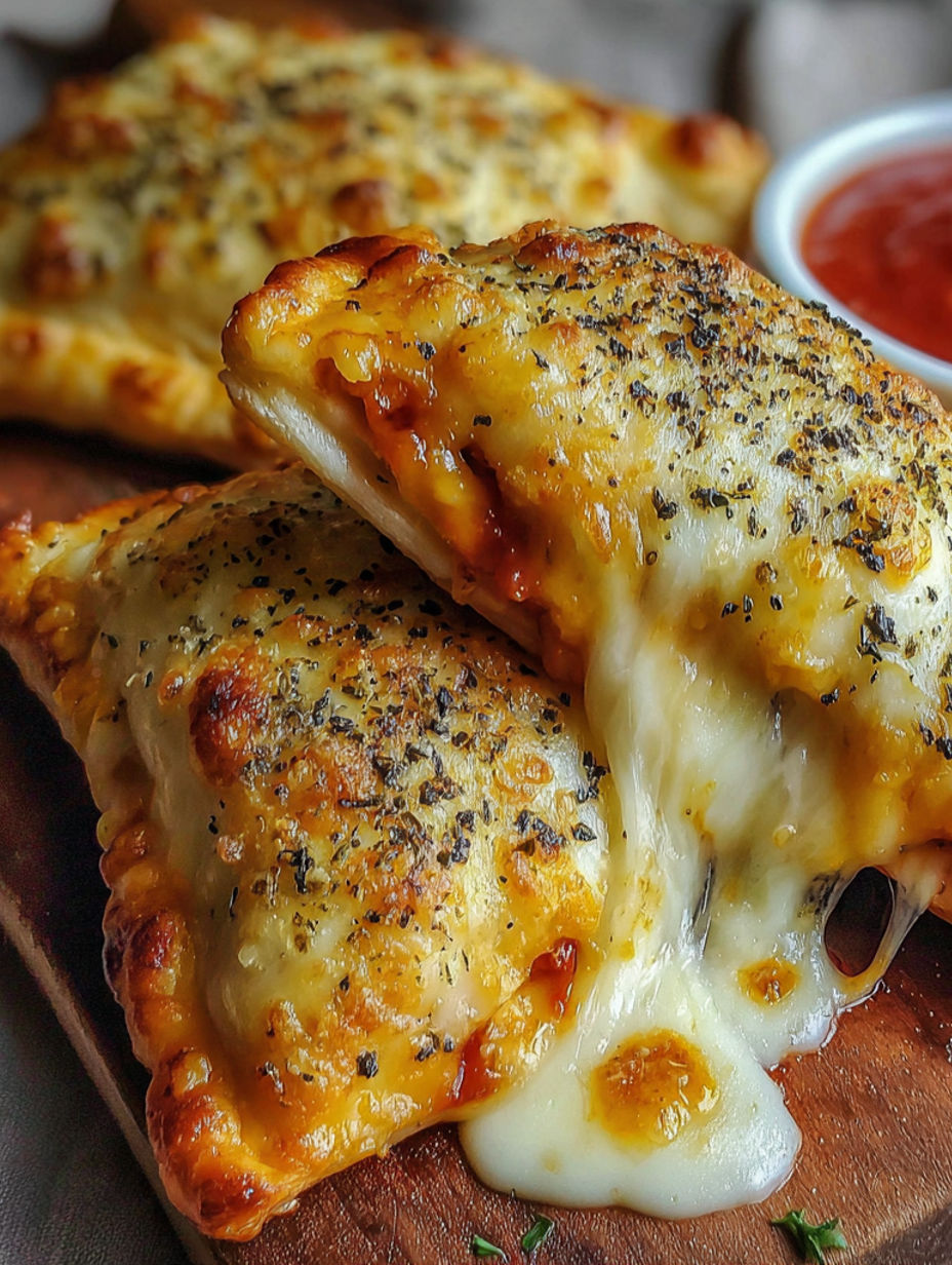 A close up of a cheesy pizza pocket.