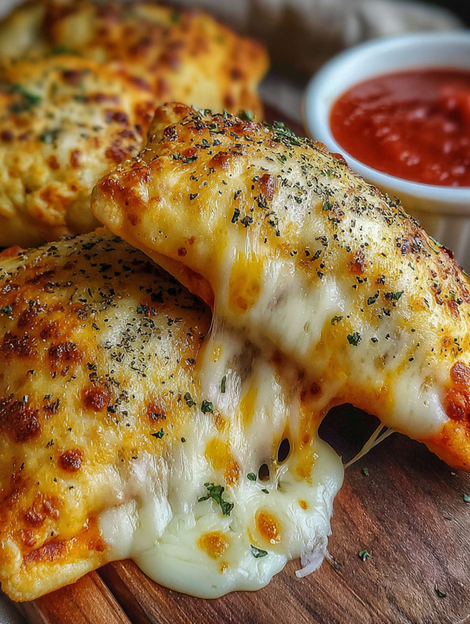 A cheesy pizza pocket on a wooden table.