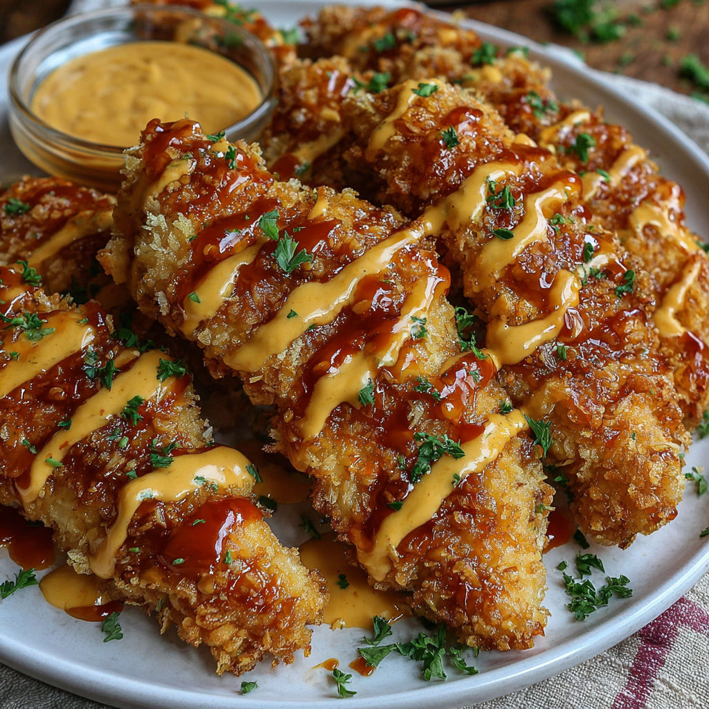 A plate of bang bang chicken with sauce drizzled over it.