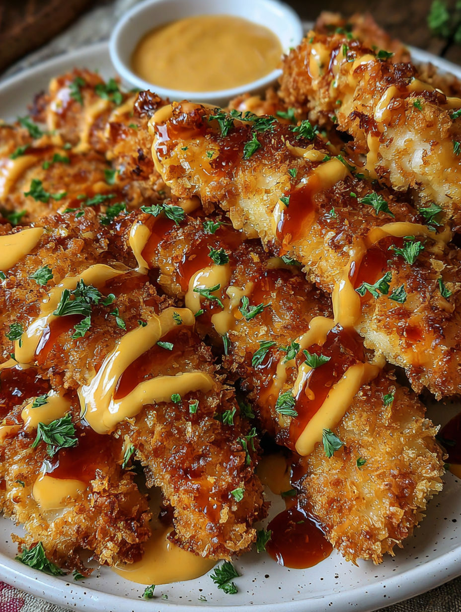 A plate of fried chicken with sauce.
