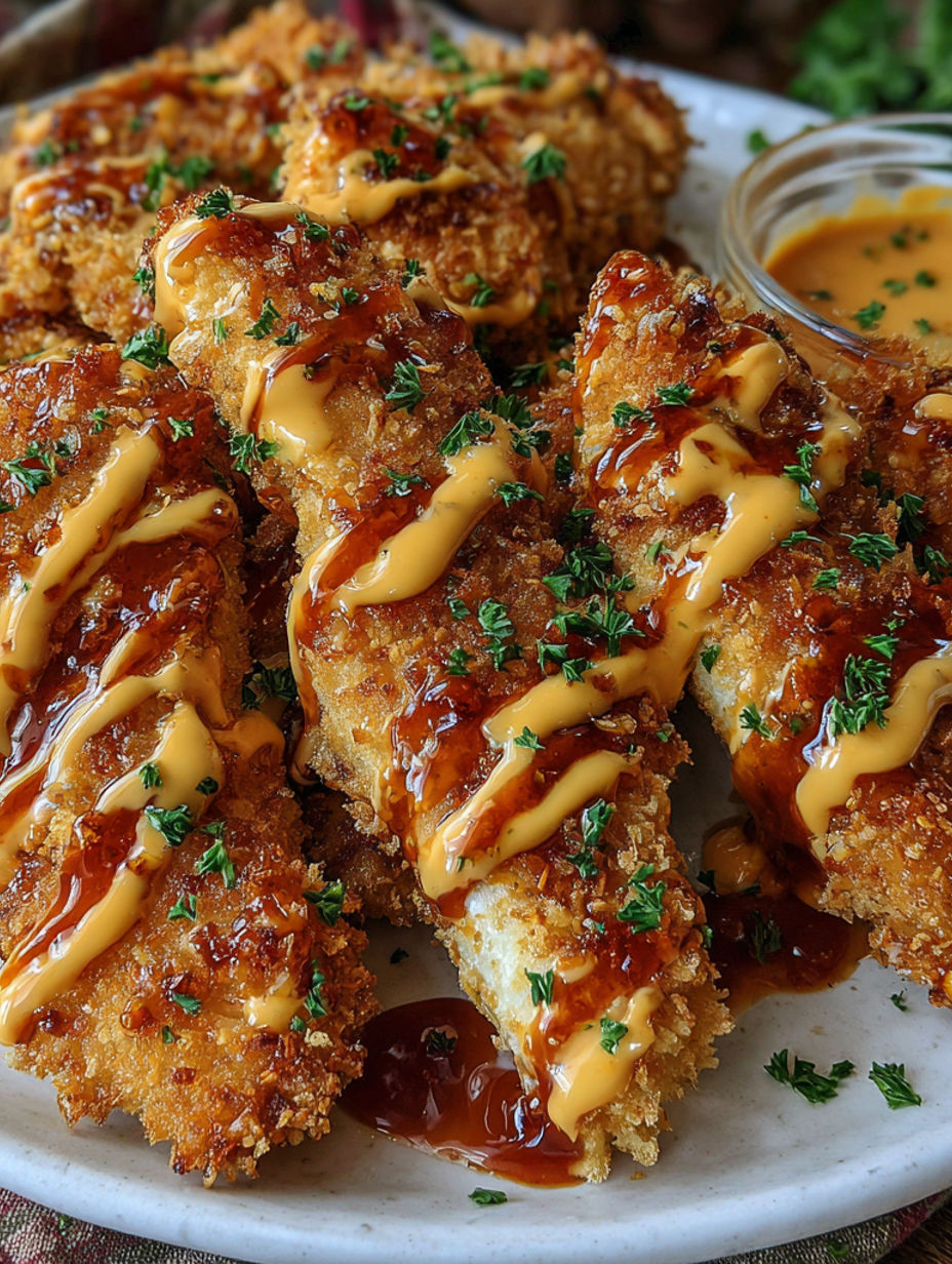 A plate of fried chicken with sauce.