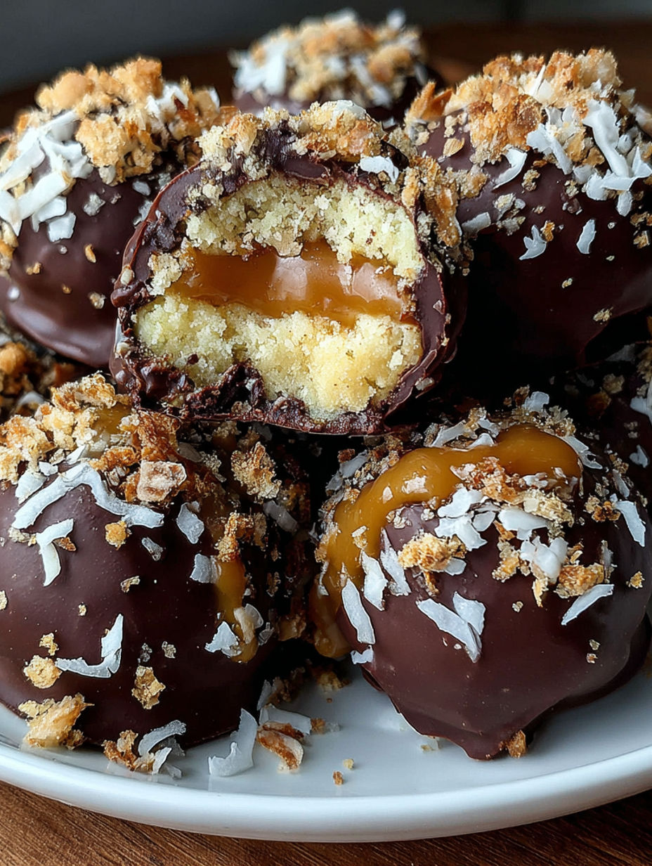 Peanut butter cheesecake balls on a plate.