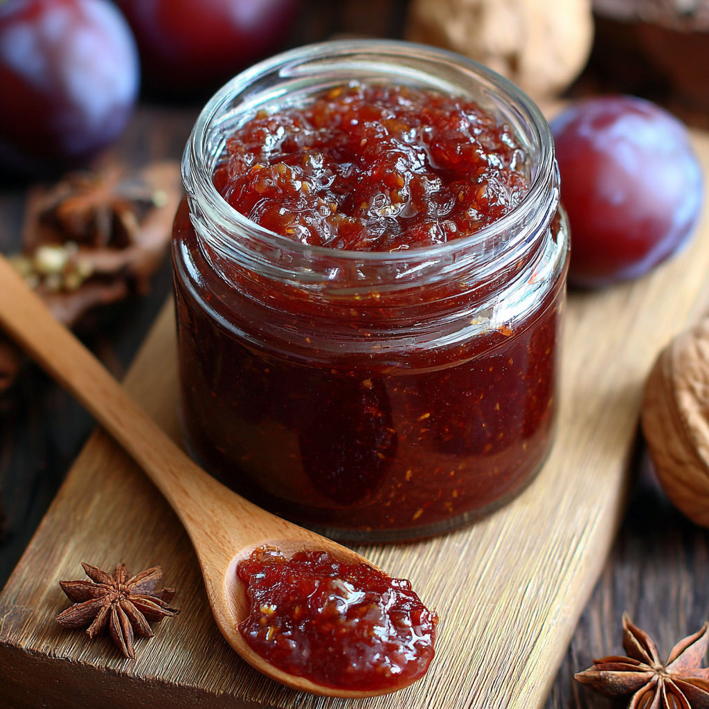 A jar of jam with a wooden spoon in it.