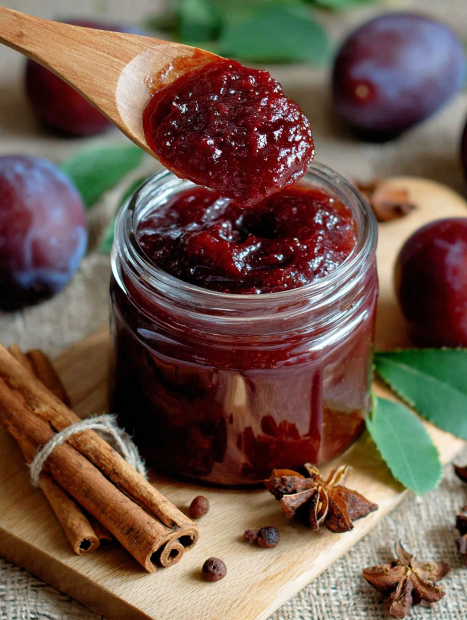 A jar of jam with a spoon in it.