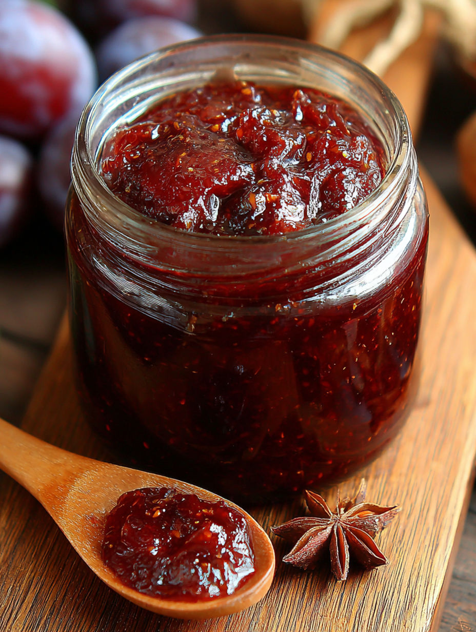 A jar of jam with a spoon in it.