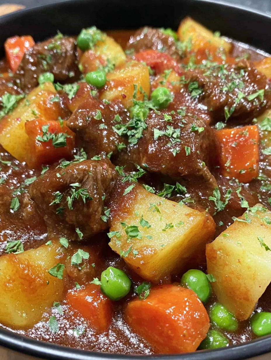 A close up of a crockpot filled with meat and vegetables.