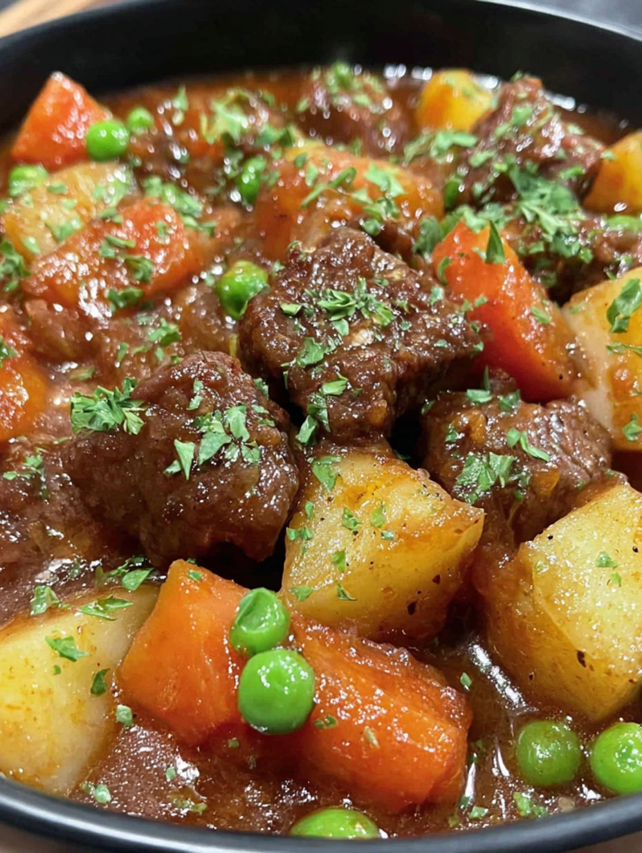 A close up of a crockpot filled with meat and vegetables.