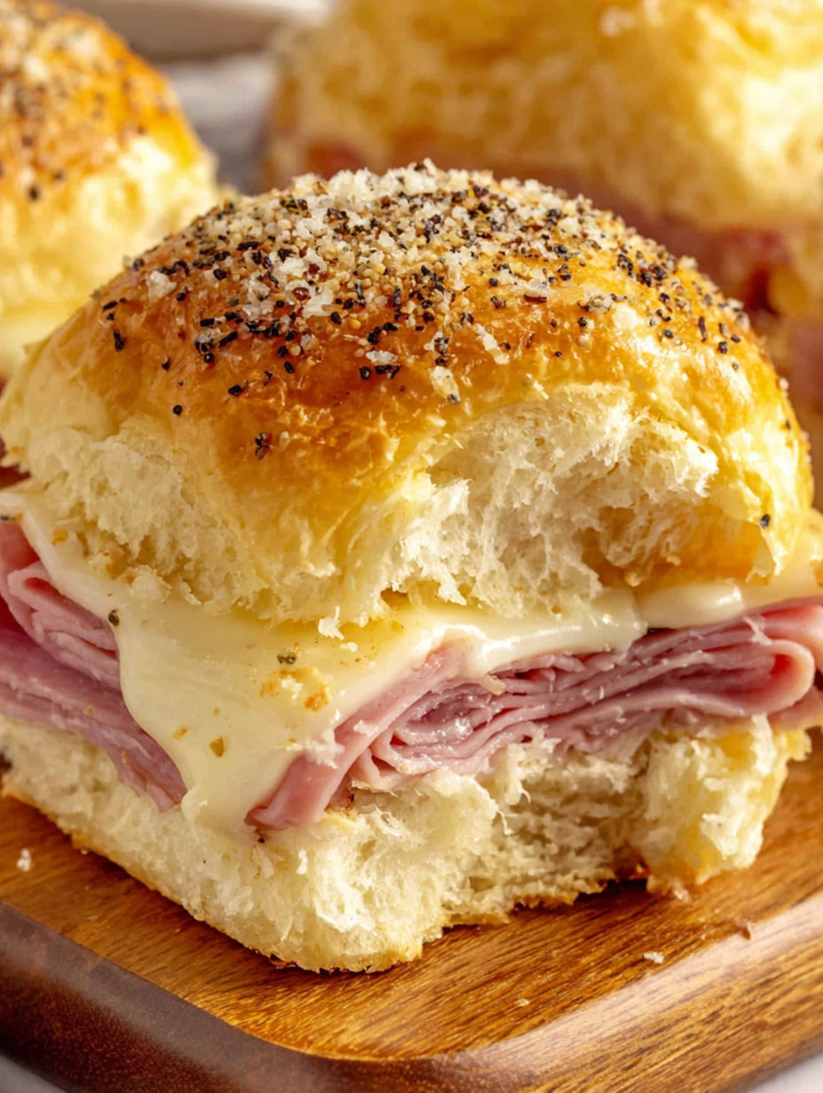 A close up of a ham and cheese sandwich.