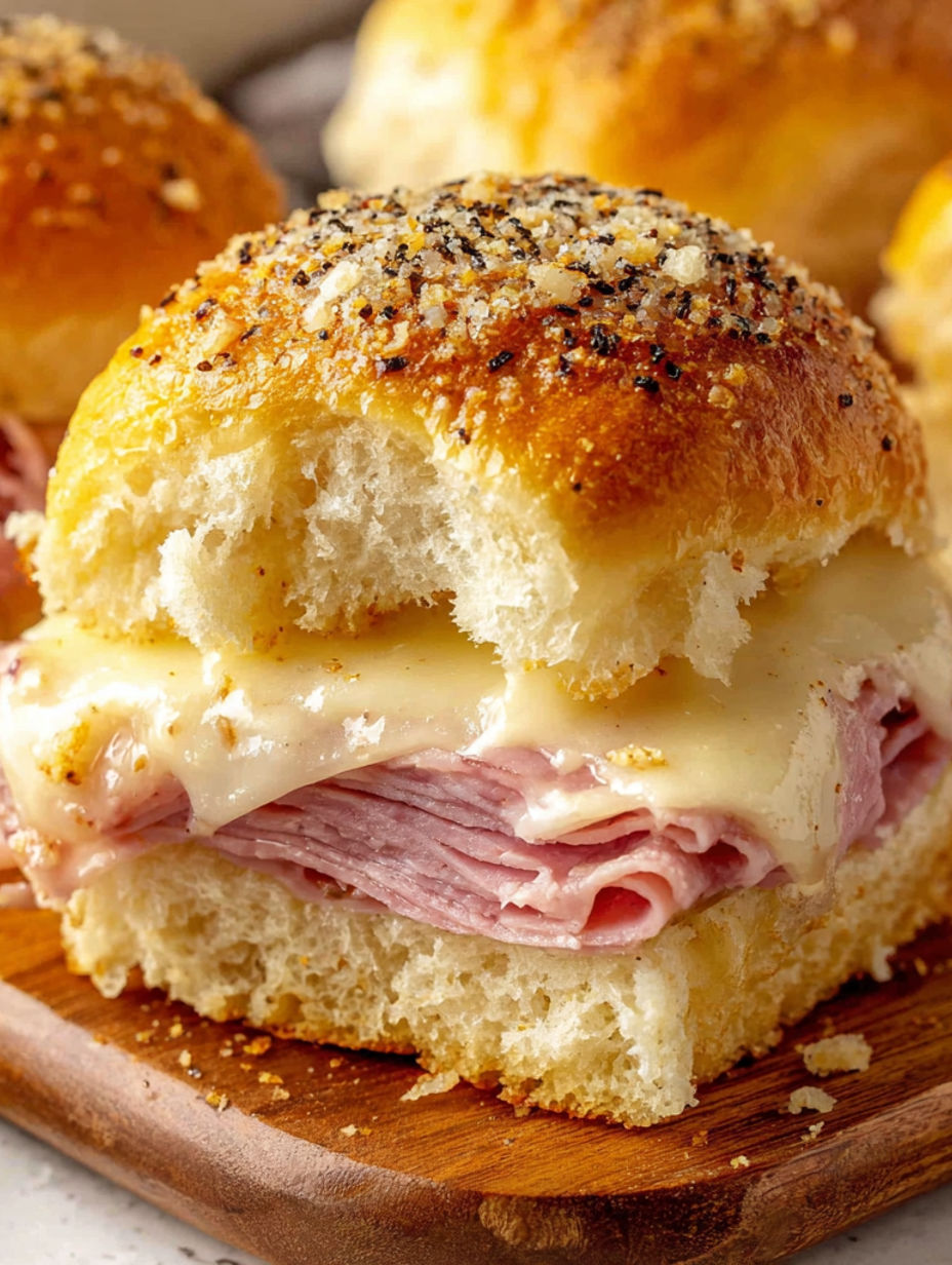 A close up of a ham and cheese sandwich.