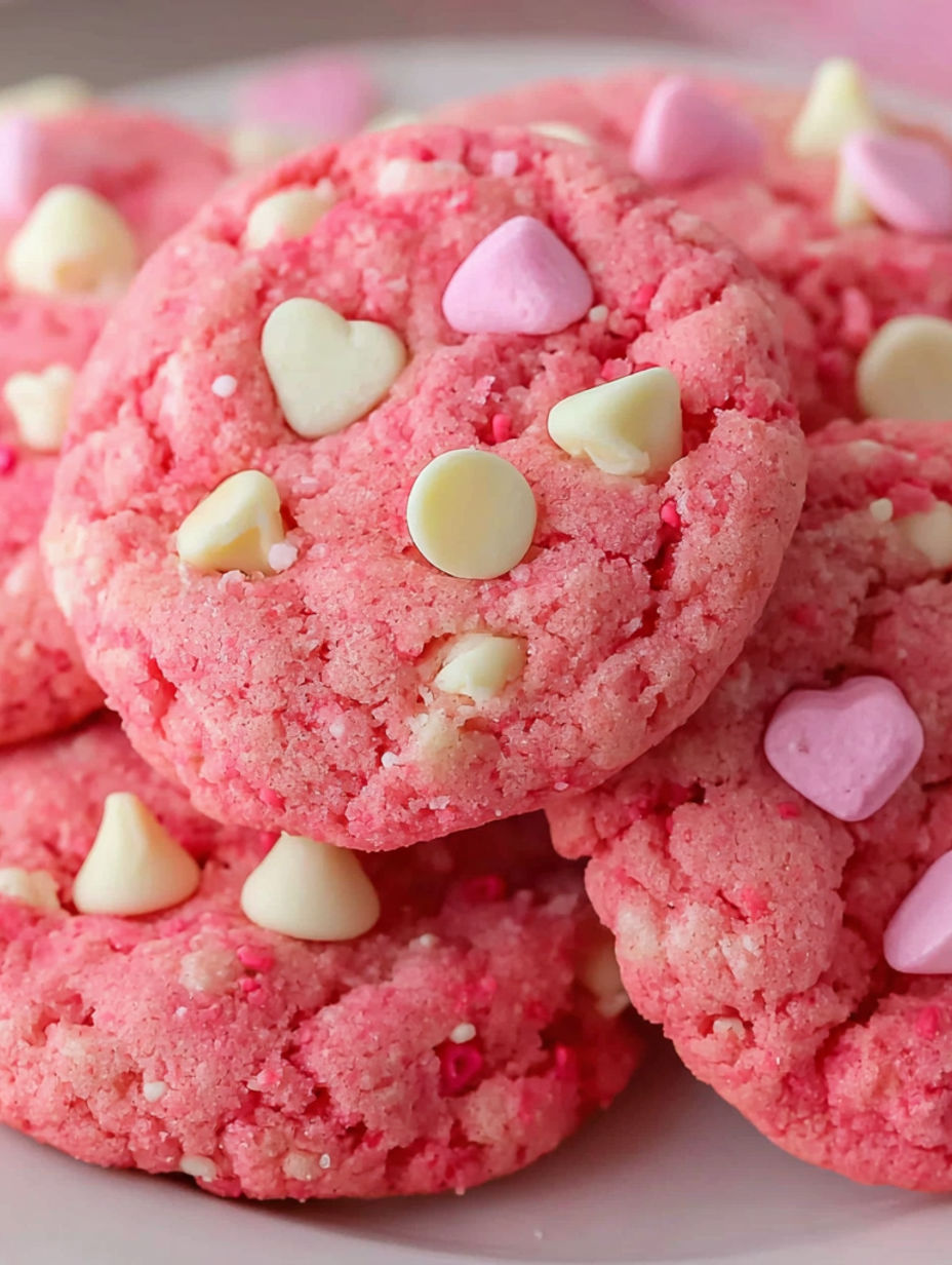 A pink cookie with white chocolate chips and hearts.