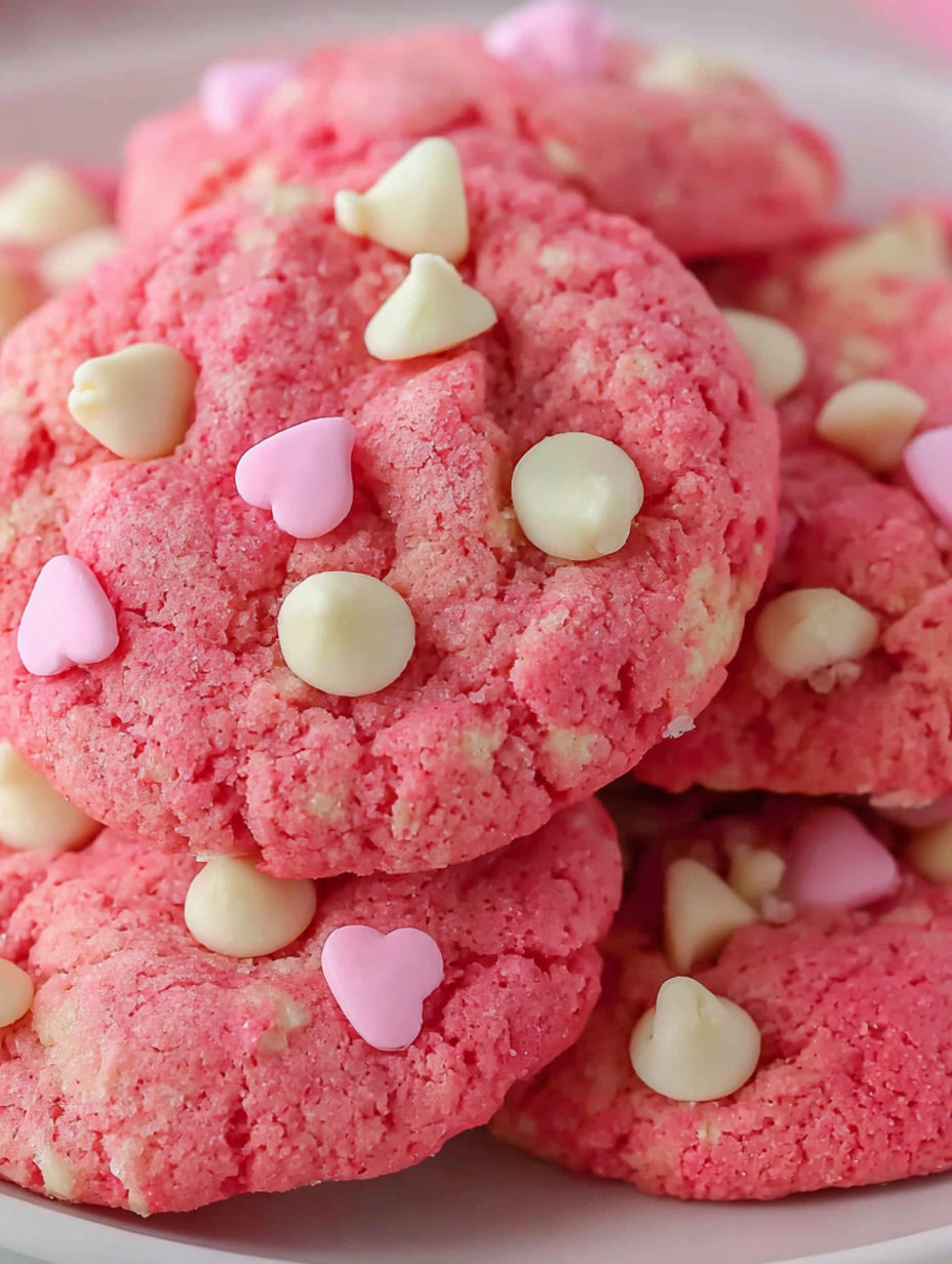 A pink cake with white hearts and chocolate chips.