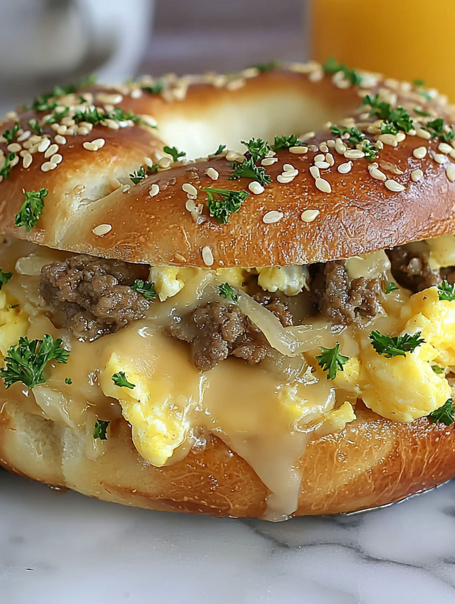 A close up of a steak egg and cheese sandwich.