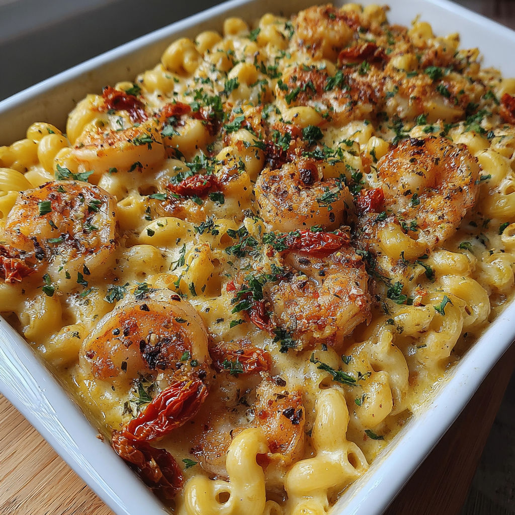 A dish of mac and cheese with shrimp on top.