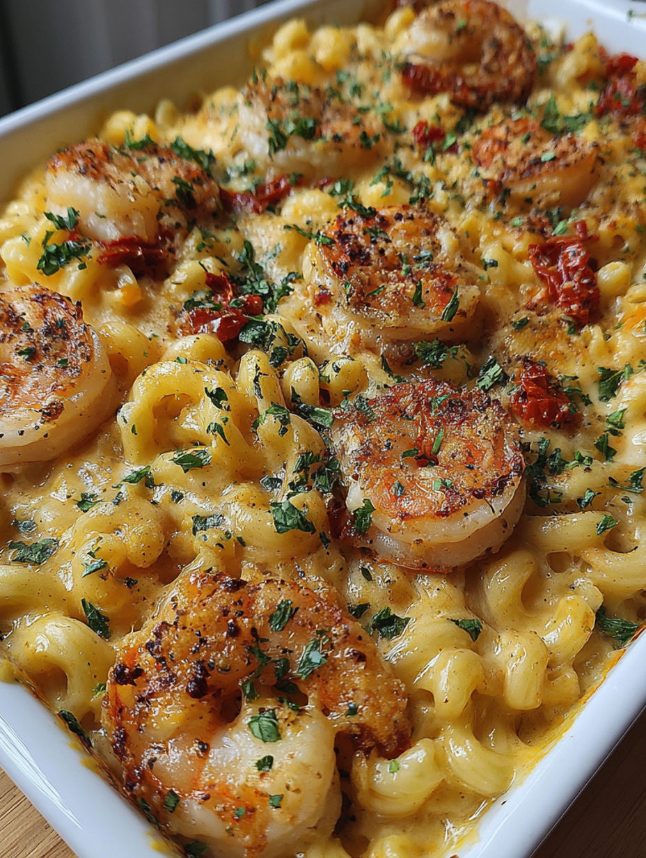 A bowl of mac and cheese with shrimp on top.