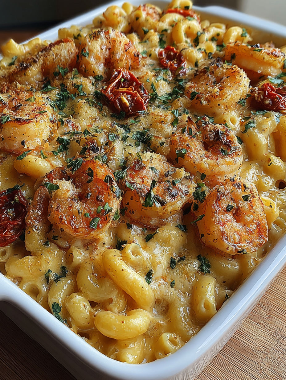 A close up of a dish with shrimp and cheese.