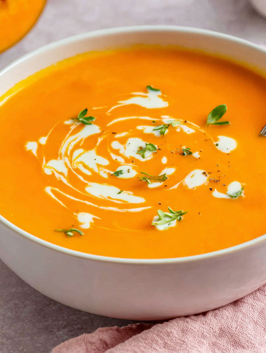 A bowl of creamy soup with a spoon in it.