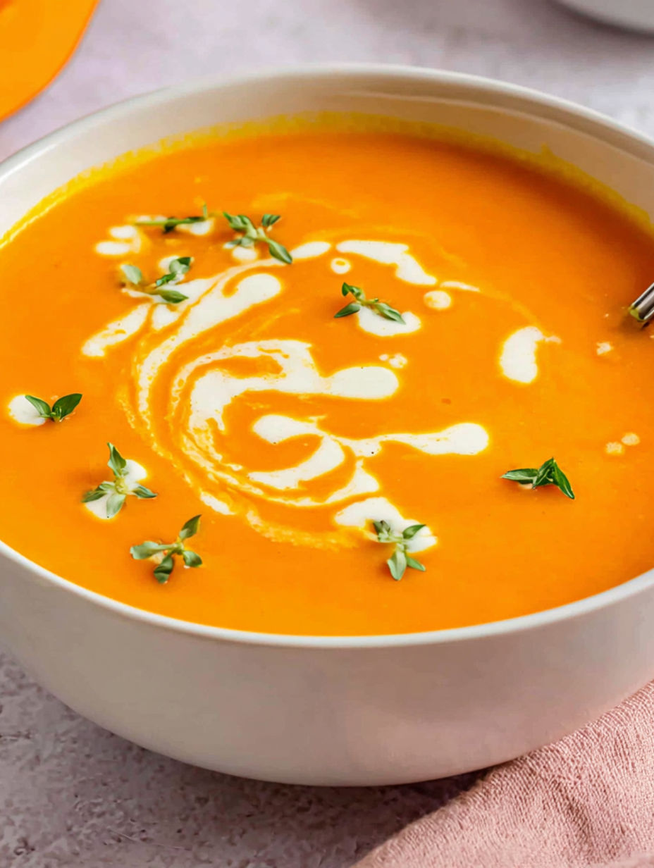 A bowl of creamy soup with a spoon in it.