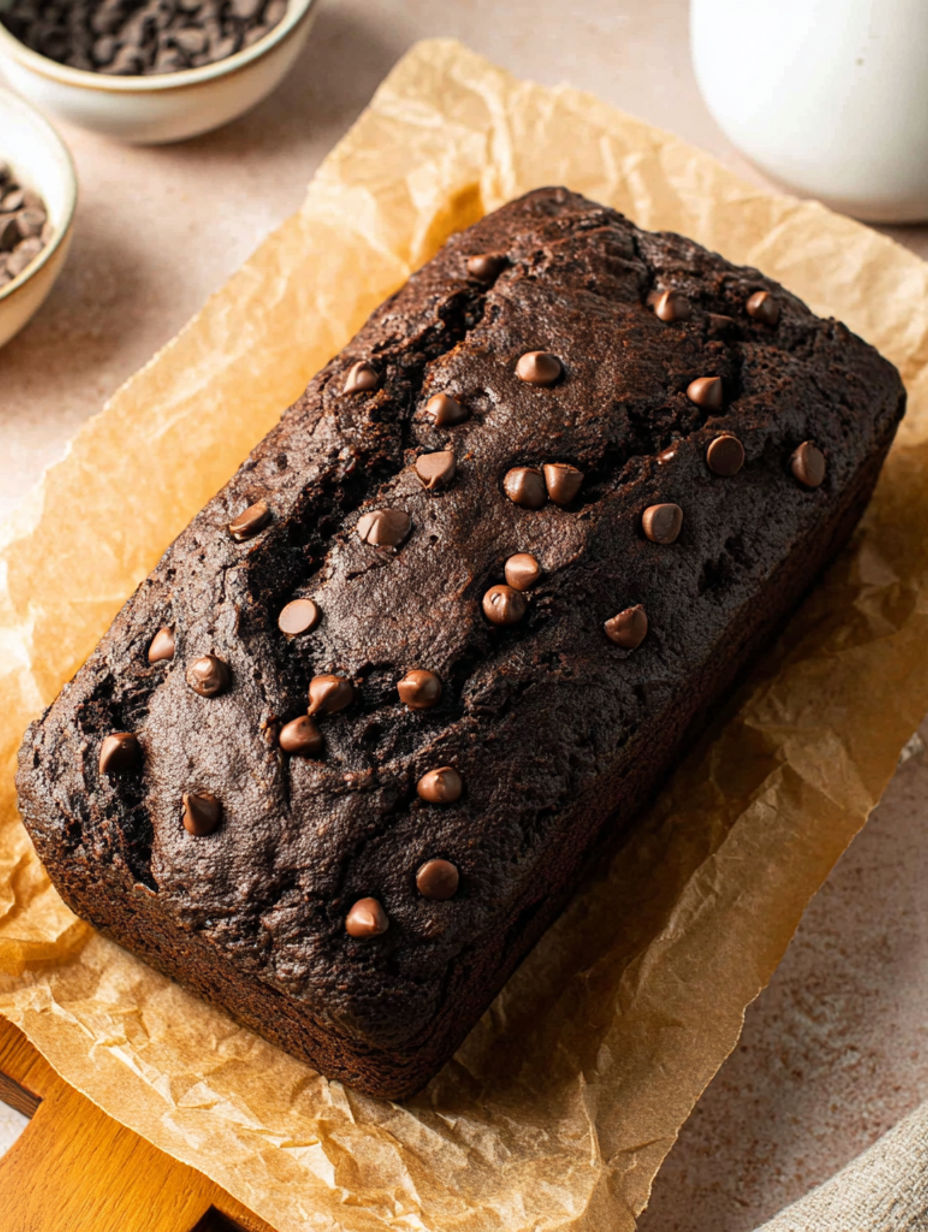A loaf of chocolate bread with chocolate chips on top.