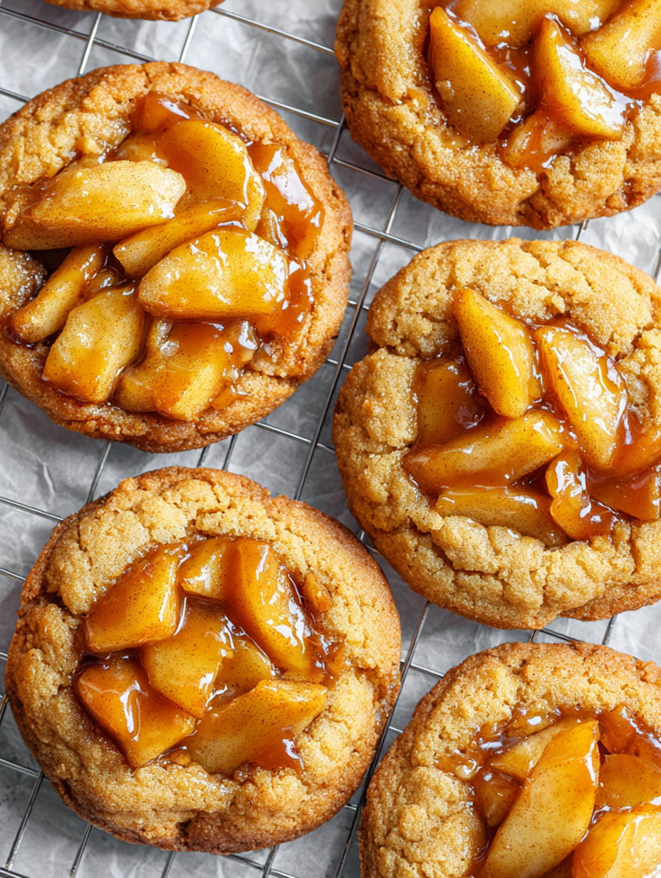 A tray of apple cookies with a glaze.