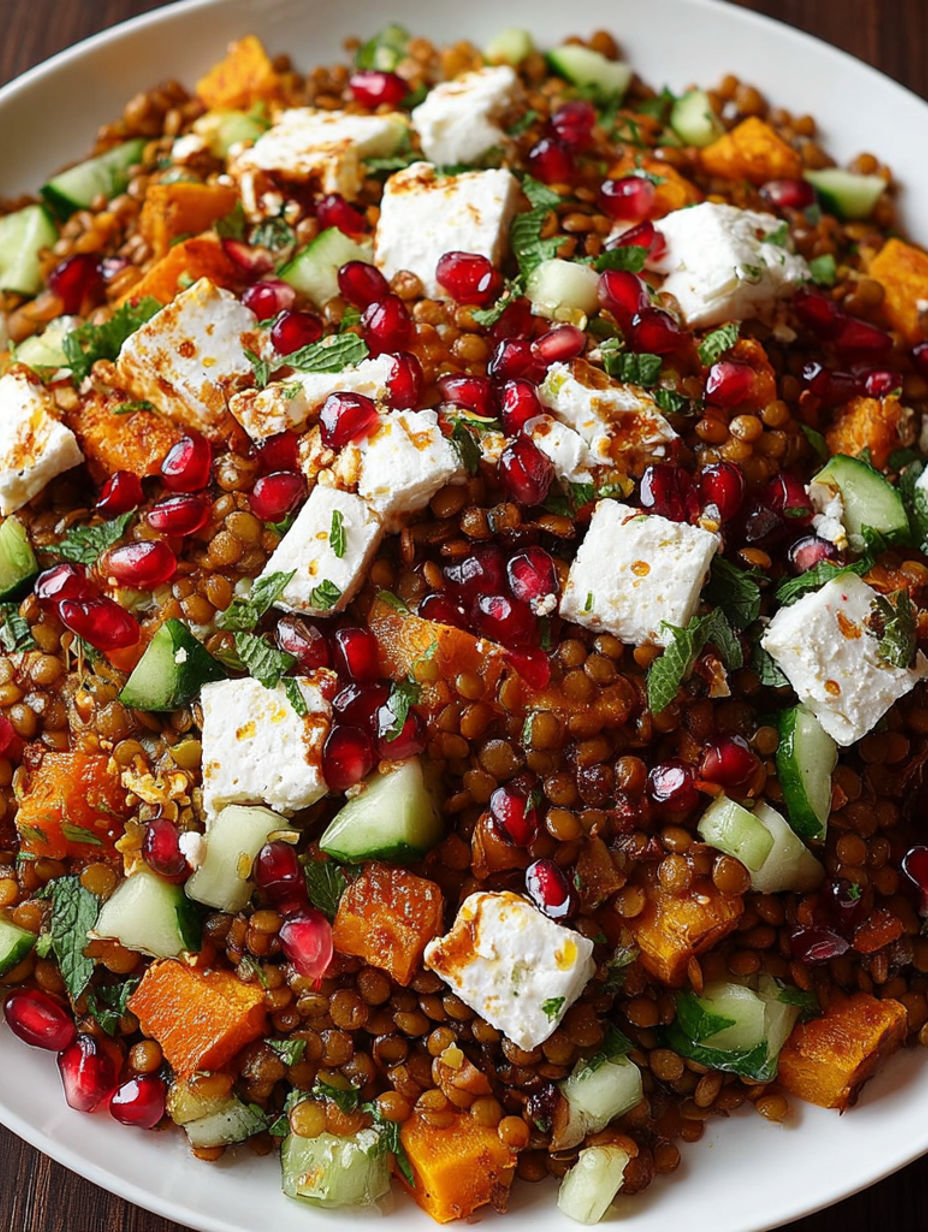 A bowl of food with feta cheese and pomegranate seeds.
