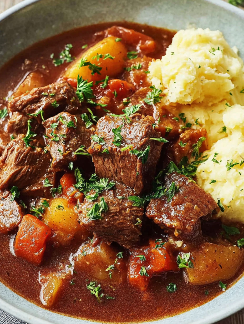 A bowl of meat and potatoes.