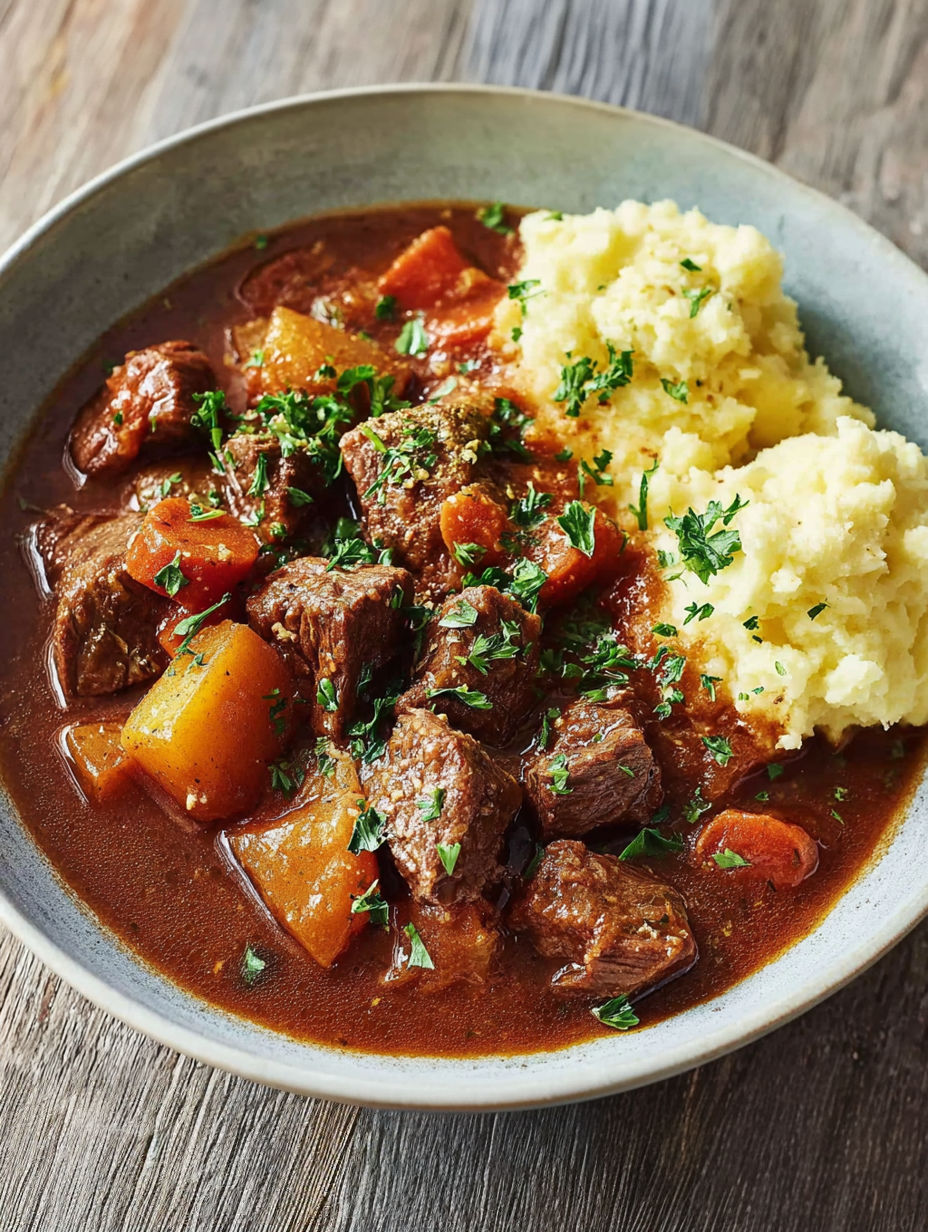 A bowl of meat and potatoes.