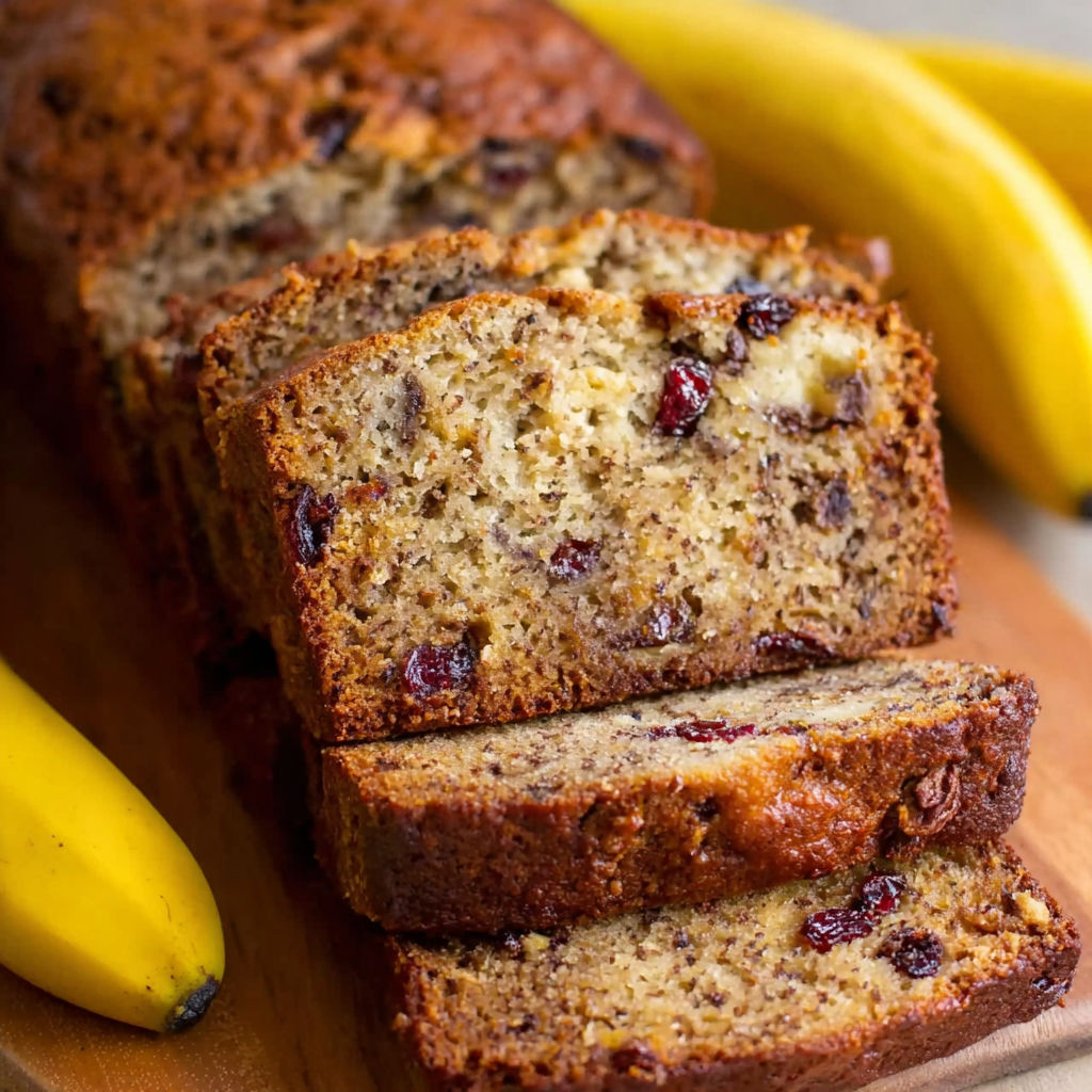 A loaf of banana bread sits on a table.