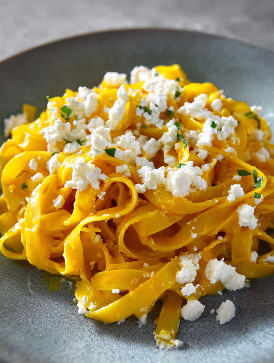 A plate of pasta with cheese and a yellow sauce.